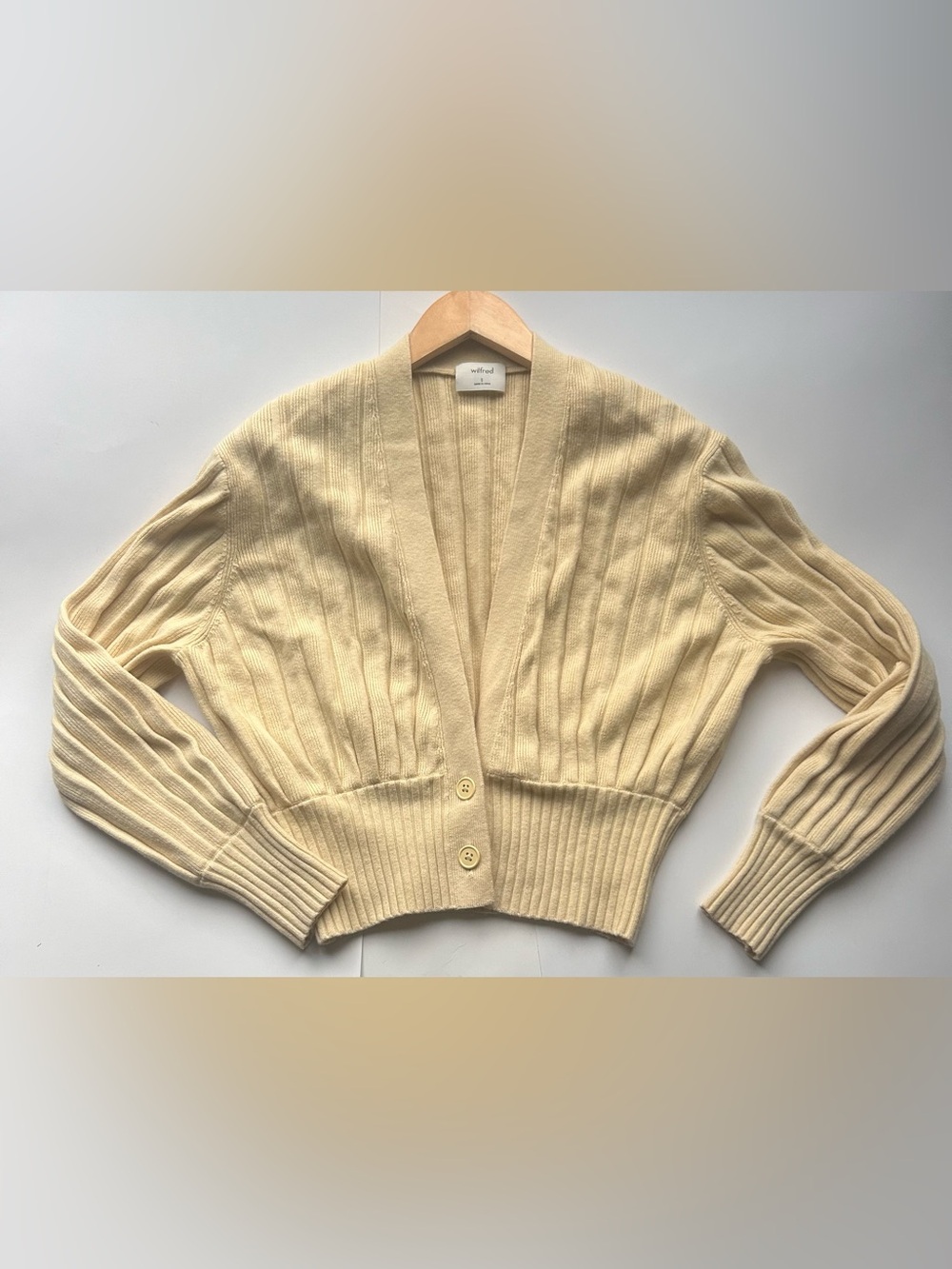 Aritzia Wilfred Cropped Ribbed Cardigan butter  yellow Wool Blend Minimalist - Picture 3 of 7